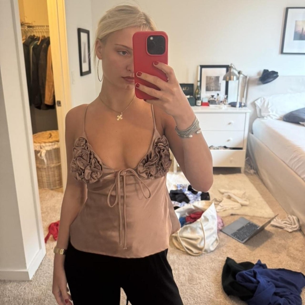 Zara Rose-Appliqué Satin Cami - Beige